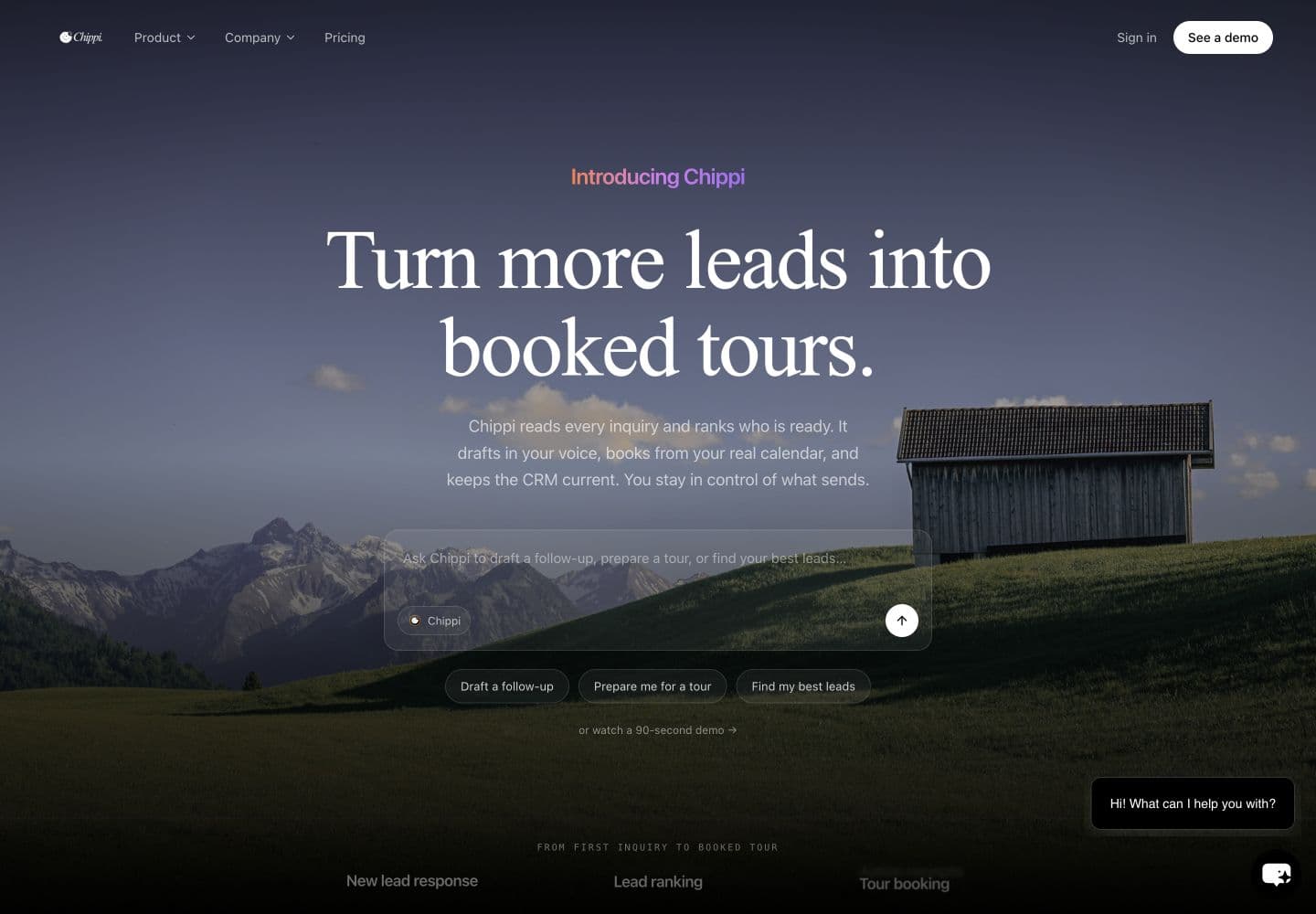 Chippi homepage introducing its lead-to-tour workflow