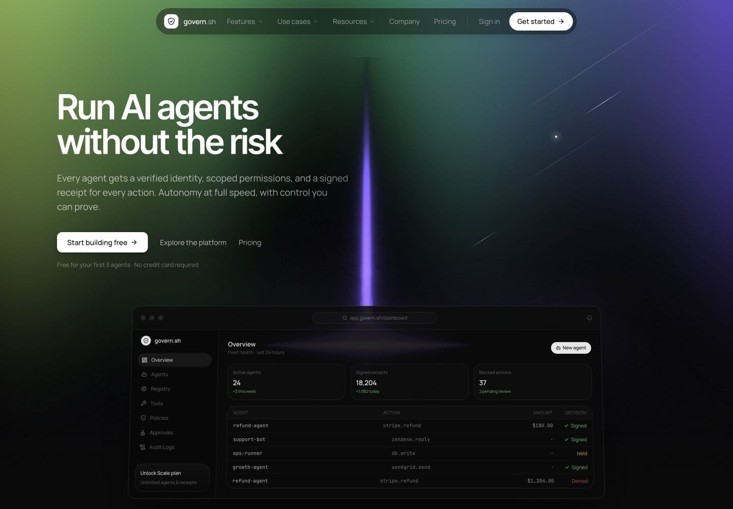 Govern homepage presenting identity and permissions for AI agents