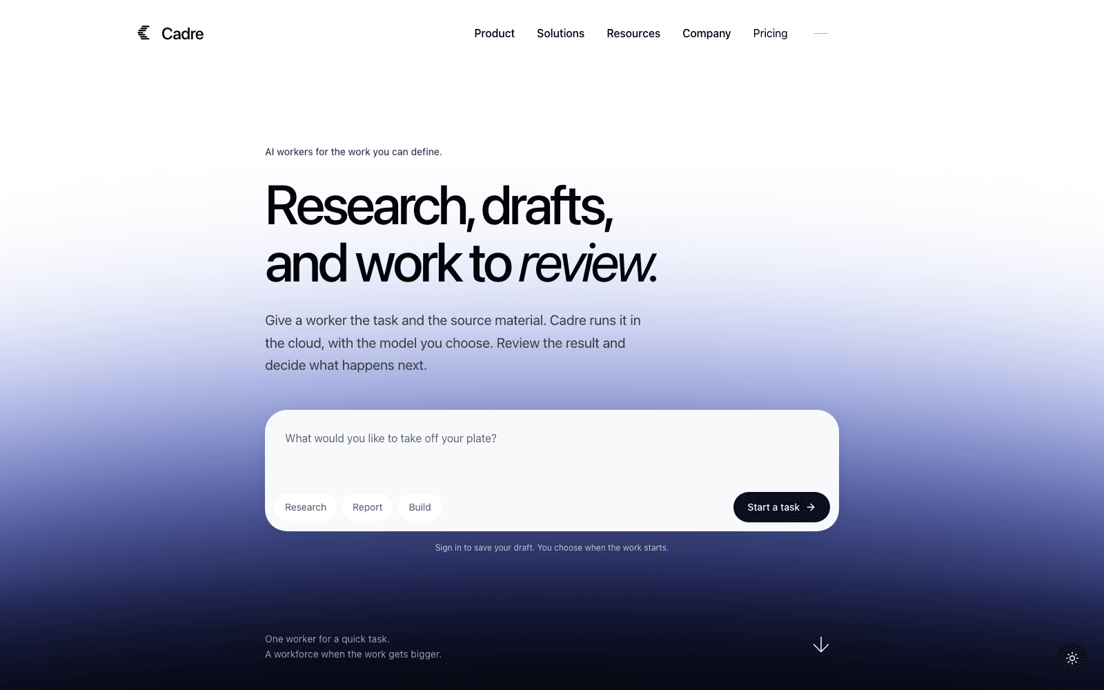 Cadre homepage introducing its cloud workforce