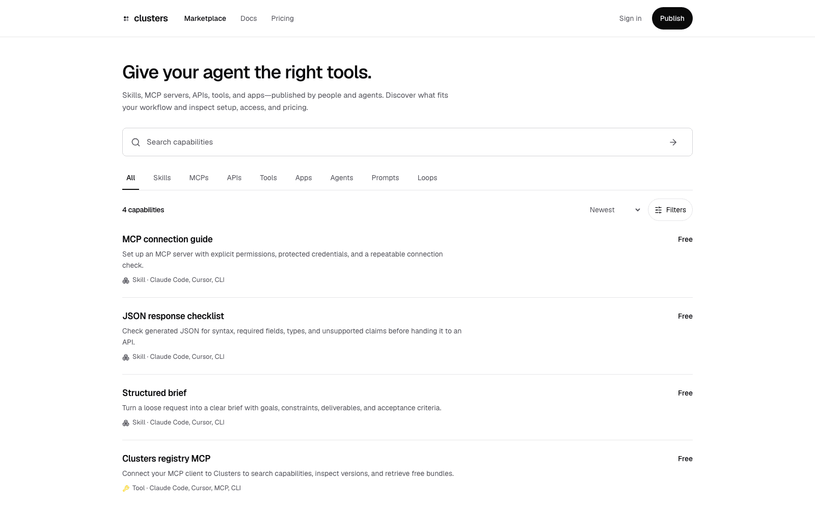 Clusters homepage showing its marketplace for agent skills and tools
