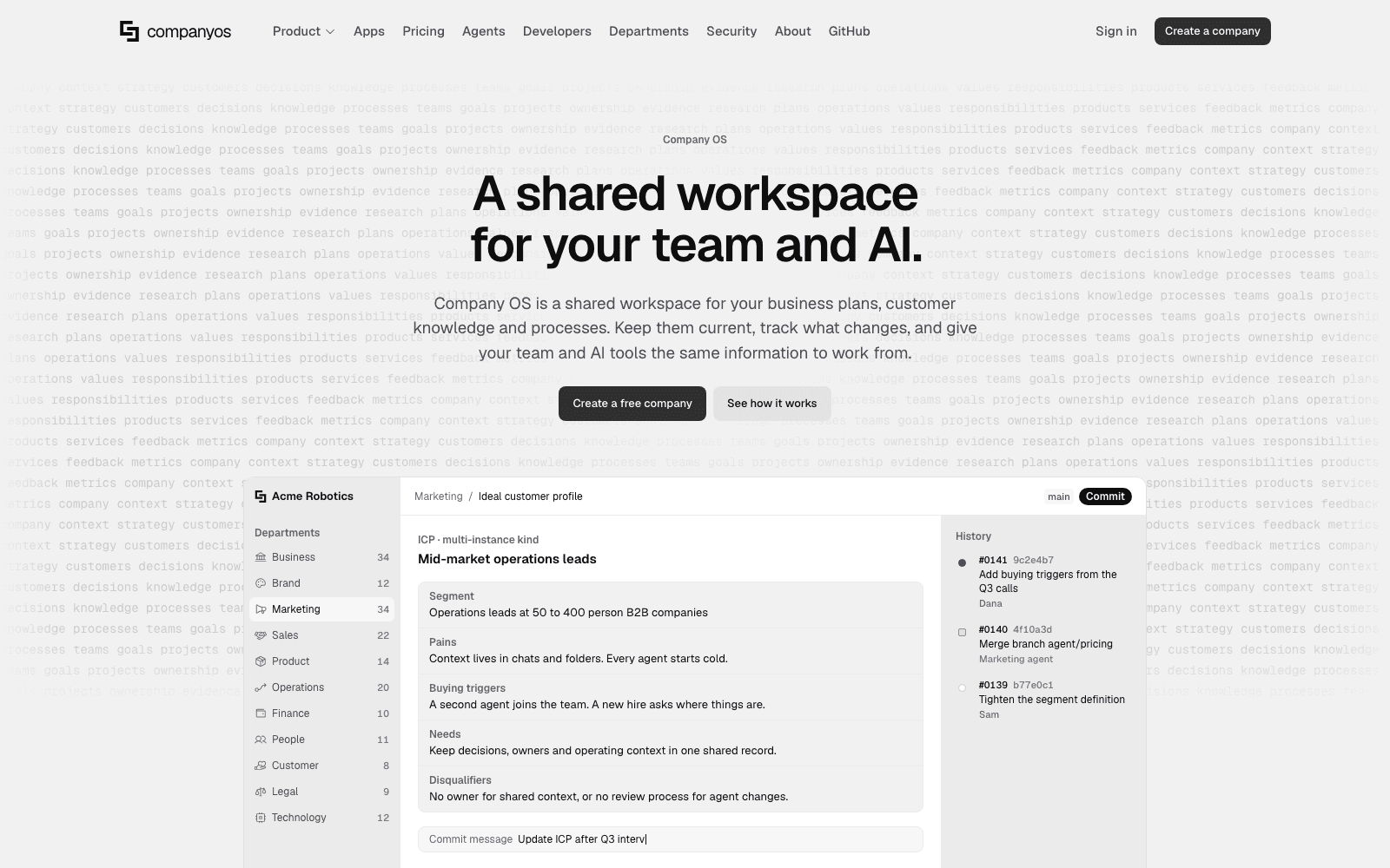 Company OS homepage showing its shared workspace for teams and AI