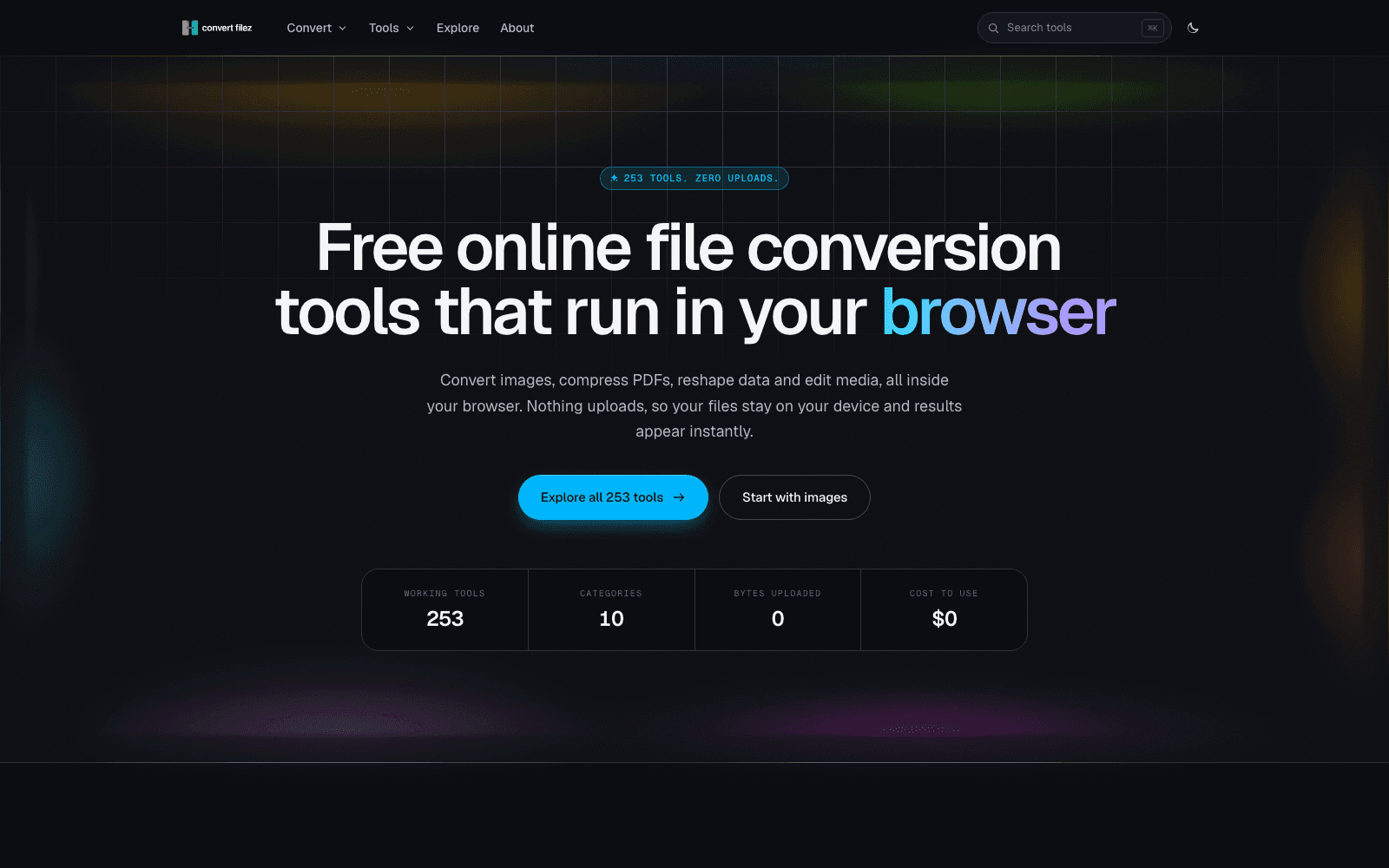 ConvertFilez homepage introducing its browser-based file conversion tools