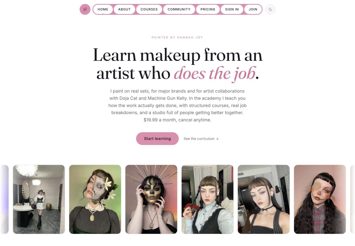 Painted by Hannah Joy homepage introducing its makeup academy
