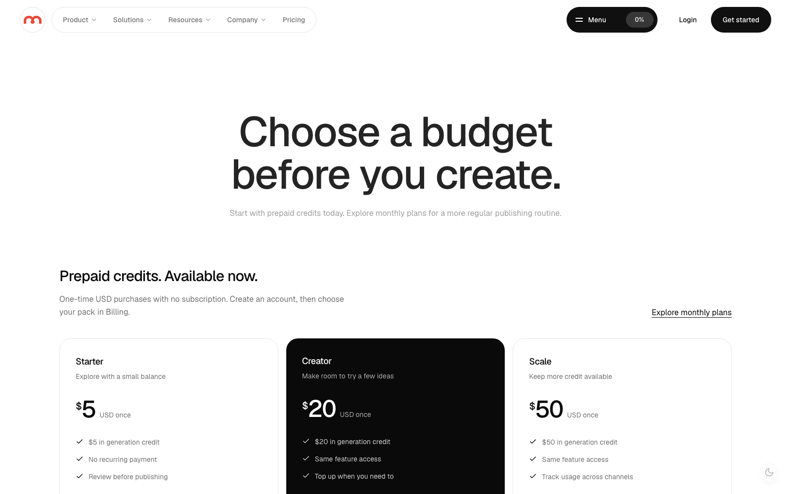 Marketer pricing page presenting prepaid marketing creation plans