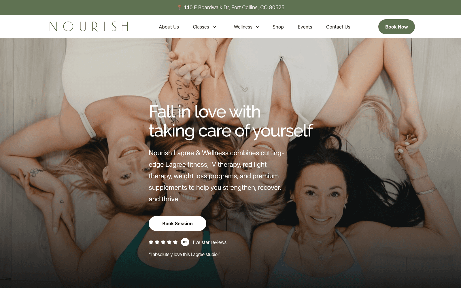 Nourish Lagree and Wellness homepage introducing its studio and services