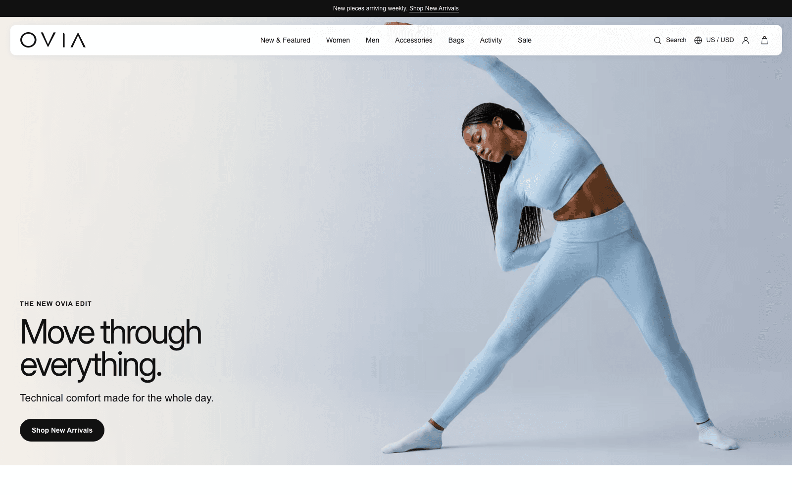 Ovia homepage presenting technical apparel for movement and everyday wear