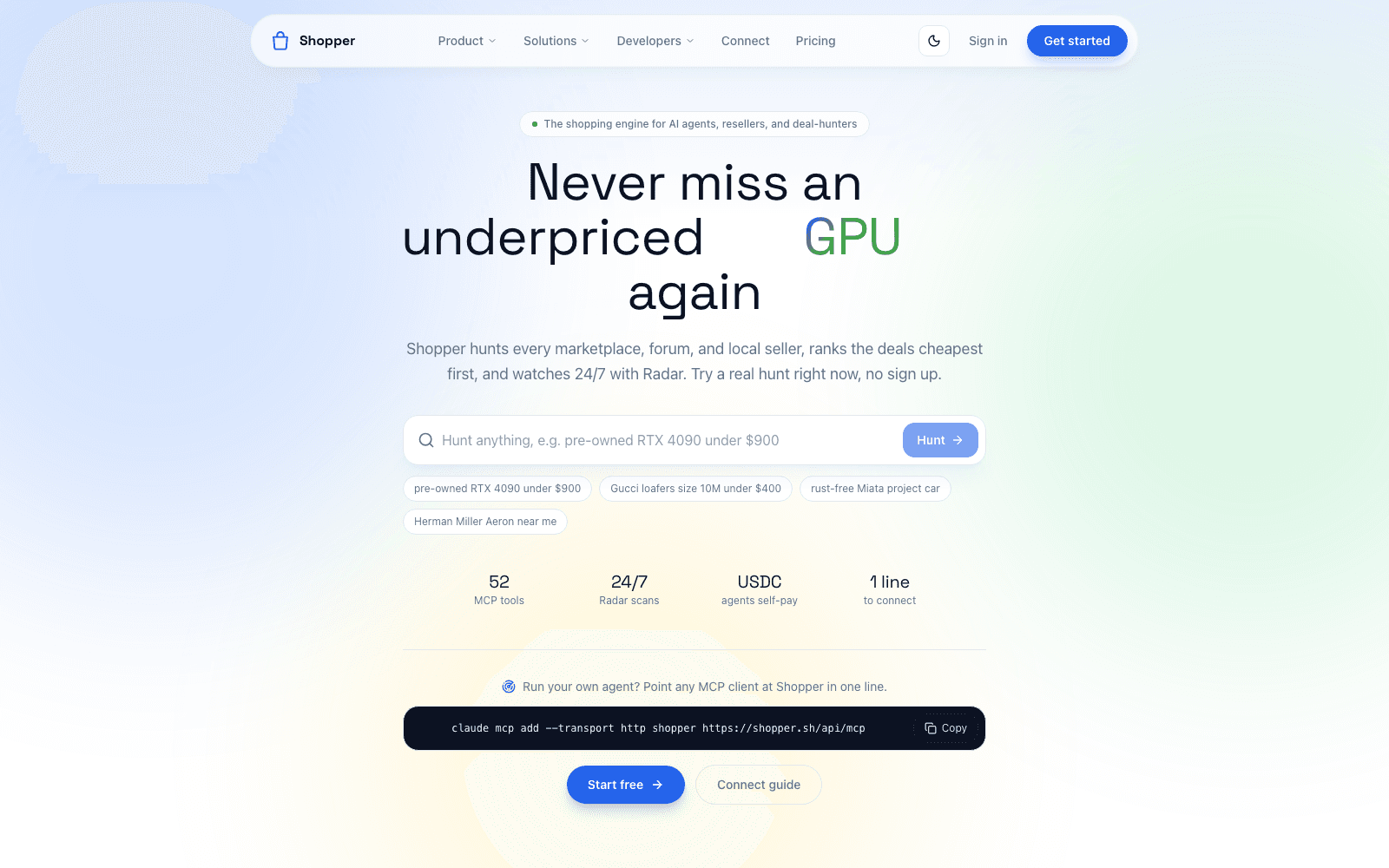 Shopper homepage introducing shopping tools for AI agents