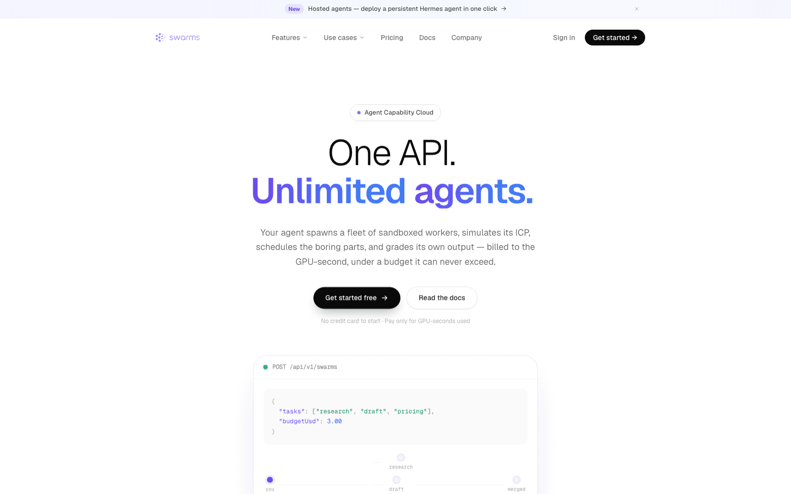 Swarms homepage presenting one API for agent capabilities