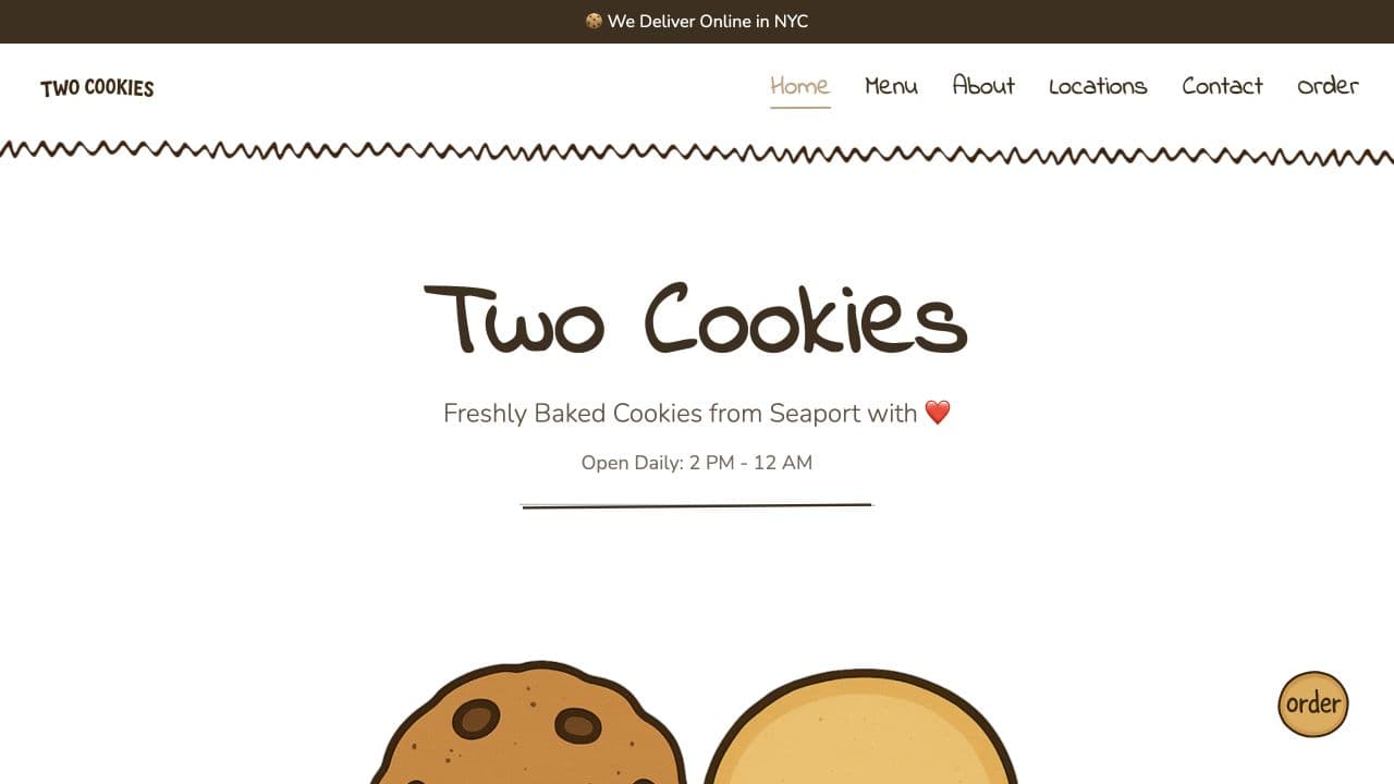Two Cookies NYC homepage with its cookie menu and ordering links